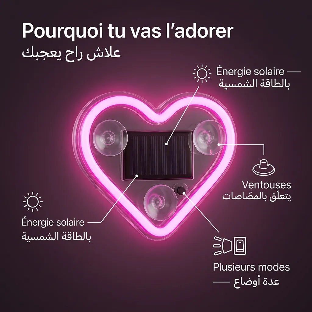 Cœur Néon LED Solaire pour Voiture