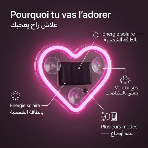 Cœur Néon LED Solaire pour Voiture